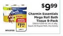 ShopRite Charmin Essentials Mega Roll Bath Tissue 9-pack offer