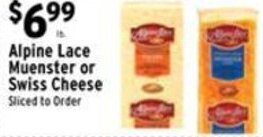 Met Foodmarkets Alpine Lace Muenster or Swiss Cheese offer
