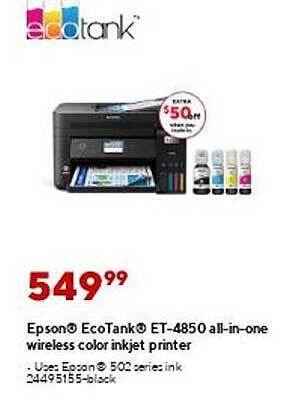 Staples Epson Ecotank Et-4850 All-in-one Wireless Color Inkjet Printer offer