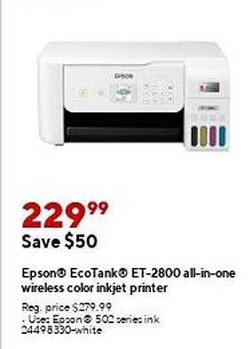 Staples Epson Ecotank Et-2800 All-in-one Wireless Color Inkjet Printer offer