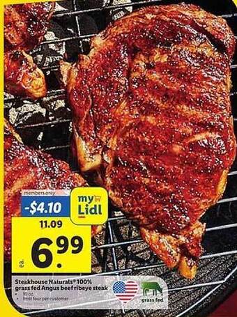 Lidl Steakhouse Naturals 100% Grass Fed Angus Beef Ribeye Steak offer