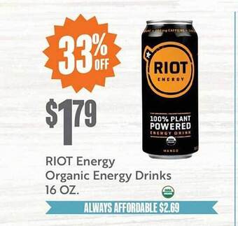 Natural Grocers Riot Energy Organic Energy Drinks offer