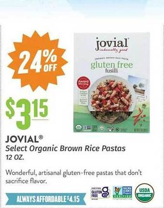 Natural Grocers Jovial Select Organic Brown Rice Pastas offer