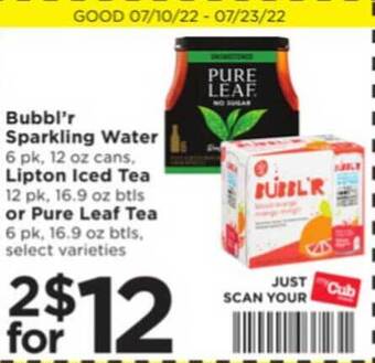 Cub Foods Bubbl'r Sparkling Water, Lipton Iced Tea Or Pure Leaf Tea offer