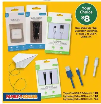 Family Dollar Dual Usba Car Plug, Dual Usba Wall Plug, Or Type C To Usb A Cable, Type C To Usb C Cable, Lightning Cable Usb A, Lightning Ca offer
