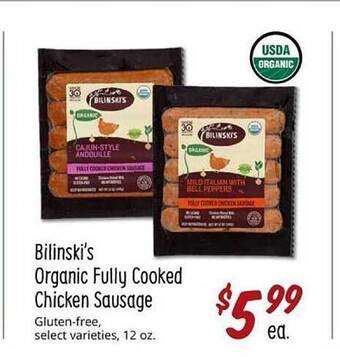 Sprouts Farmers Market Bilinski's Organic Fully Cooked Chicken Sausage offer