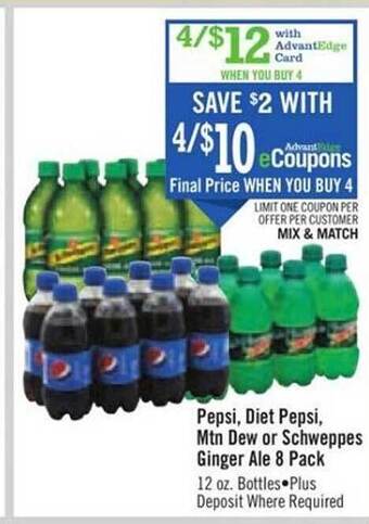 Price Chopper Pepsi, Diet Pepsi, Mtn Dew Or Schweppes Ginger Ale 8 Pack offer