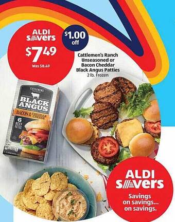 Aldi Cattlemen's Ranch Unseasoned Or Bacon Cheddar Black Angus Patties offer