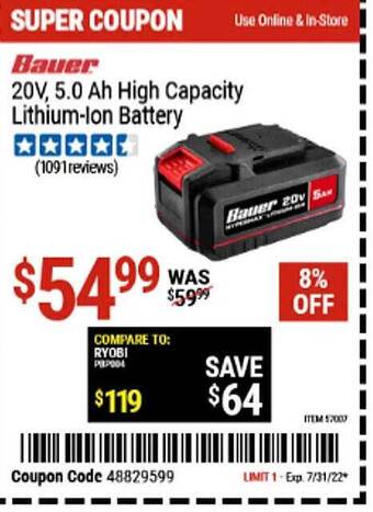 Harbor Freight Tools Bauer 20v, 5.0 Ah High Capacity Lithium-ion Battery offer