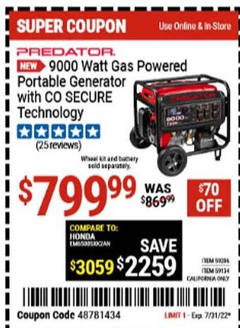Harbor Freight Tools Predator 9000 Watt Gas Powered Portable Generator With Co Secure Technology offer