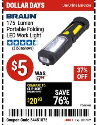 Harbor Freight Tools Braun 175 Lumen Portable Folding Led Work Light offer