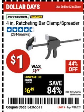 Harbor Freight Tools Pittsburgh 4 In. Ratcheting Bar Clamp Or Spreader offer