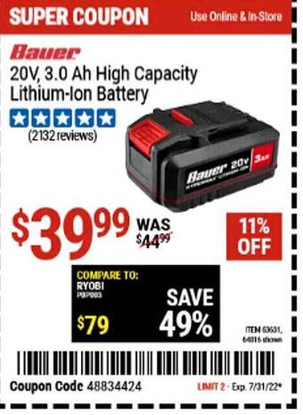 Harbor Freight Tools Bauer 20v, 3.0 Ah High Capacity Lithium-ion Battery offer
