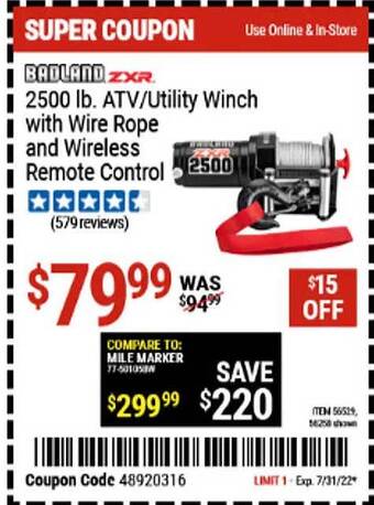 Harbor Freight Tools Badland 2500 Lb. Atv-utility Winch With Wire Rope And Wireless Remote Control offer