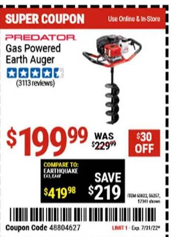 Harbor Freight Tools Predator Gas Powered Earth Auger offer