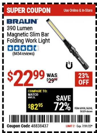 Harbor Freight Tools Braun 390 Lumen Magnetic Slim Bar Folding Work Light offer