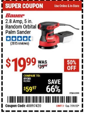 Harbor Freight Tools Bauer 2.8 Amp, 5 In. Random Orbital Palm Sander offer