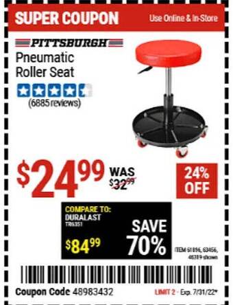 Harbor Freight Tools Pittsburgh Pneumatic Roller Seat offer