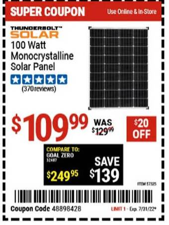 Harbor Freight Tools Thunderbolt Solar 100 Watt Monocrystalline Solar Panel offer