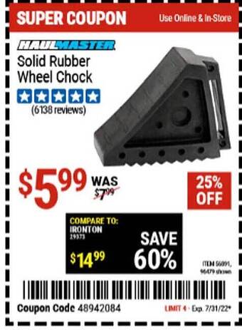 Harbor Freight Tools Haulmaster Solid Rubber Wheel Chock offer