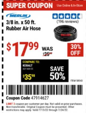 Harbor Freight Tools Merlin 3-8 In. X 50 Ft. Rubber Air Hose offer
