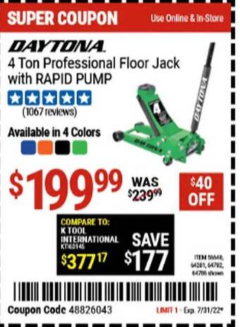Harbor Freight Tools Daytona 4 Ton Professional Floor Jack With Rapid Pump offer