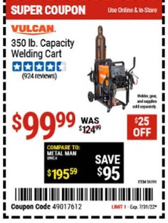 Harbor Freight Tools Vulcan 350 Lb. Capacity Welding Cart offer