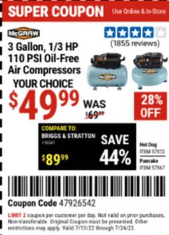 Harbor Freight Tools Mcgraw 3 Gallon, 1-3 Hp 110 Psi Oil-free Air Compressors offer