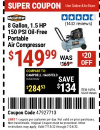 Harbor Freight Tools Mcgraw 8 Gallon, 1.5 Hp 150 Psi Oil-free Portable Air Compressor offer