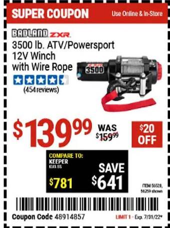Harbor Freight Tools Badland 3500 Lb. Atv-powersport 12v Winch With Wire Rope offer