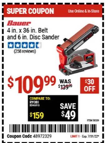 Harbor Freight Tools Bauer 4 In. X 36 In. Belt And 6 In. Disc Sander offer