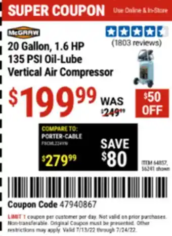 Harbor Freight Tools Mcgraw 20 Gallon, 1.6 Hp 135 Psi Oil-lube Vertical Air Compessor offer