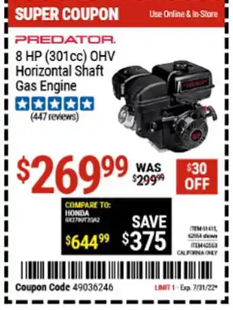 Harbor Freight Tools Predator 8 Hp (301cc) Ohv Horinzontal Schaft Gas Engine offer