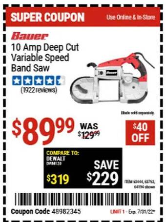 Harbor Freight Tools Bauer 10 Amp Deep Cut Variable Speed Band Saw offer