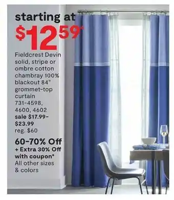 JC Penney Fieldcrest Devin Solid, Stripe Or Ombre Cotton Chambray 100% Blackout 84 offer