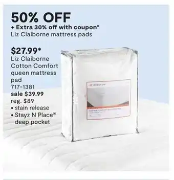 JC Penney Liz Clairbone Cotton Comfort Queen Mattress Pad offer