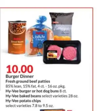 Hy-Vee Burger Dinner Fresh Ground Bee Patties, Hy-vee Burger, Hot Dog Buns, Baked Beans Or Potato Chips offer