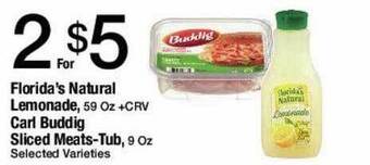 Jons International Florida's Natural Lemonade, Carl Buddig Sliced Meats-tub, offer