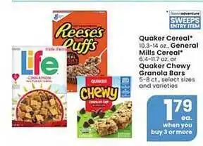 Albertsons Quaker Cereal, Genereal Mills Cereal Or Quaker Chewy Granola Bars offer