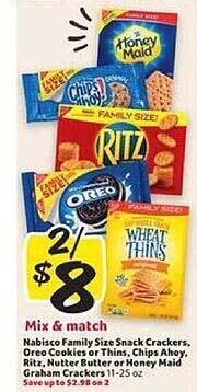 Winn Dixie Nabisco Family Size Snack Crackers Oreo Cookies Or Thins Chips Ahoy Ritz Nutter Butter Or Honery Maid Graham Crackers offer