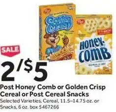 Stop&Shop Post Honey Comb or Golden Crisp Cereal or Post Cereal Snacks offer