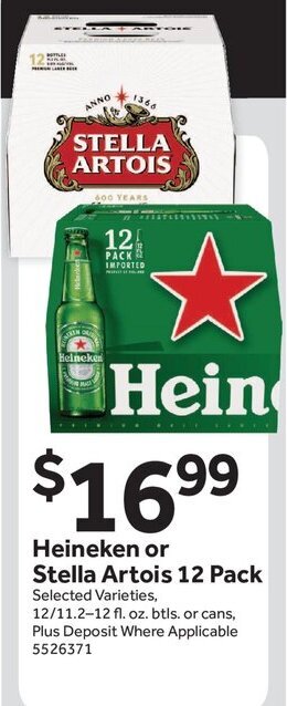 Stop&Shop Heineken or Stella Artois 12 Pack offer