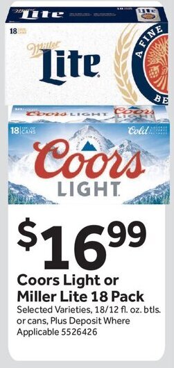 Stop&Shop Coors Light or Miller Lite 18 Pack offer