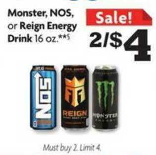 Family Dollar Monster, Nos, Or Reign Energy Drink offer