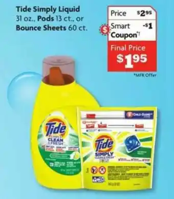 Family Dollar Tide Simply Liquid Pods, Bounce Sheets offer