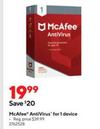 Staples McAfee Antivirus For 1 Device offer