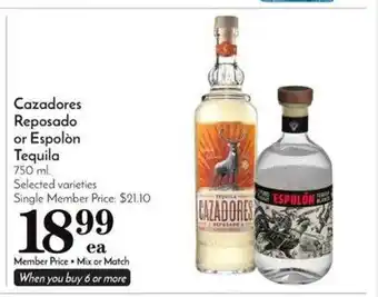 Pavilions Cazadores resposado or espolòn tequila offer