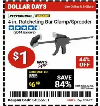 Harbor Freight Tools Pittsburgh 4 in. ratcheting bar clamp or spreader offer