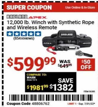 Harbor Freight Tools 12,000 lb winch with synthetic rope and wireless remote offer