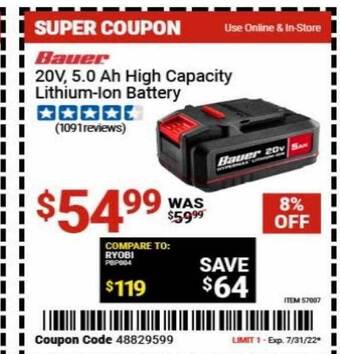 Harbor Freight Tools Bauer 20v 5.0 ah high capacity lithium-ion battery offer